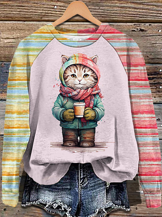 Women's Winter Coffee Cat Print Long Sleeve Casual Top