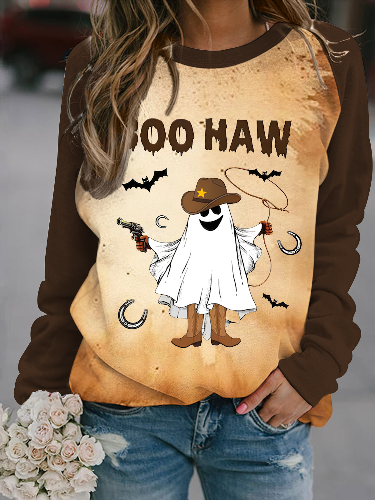 Funny Ghost Cowboy Western Halloween Printed Long Sleeve Casual Top