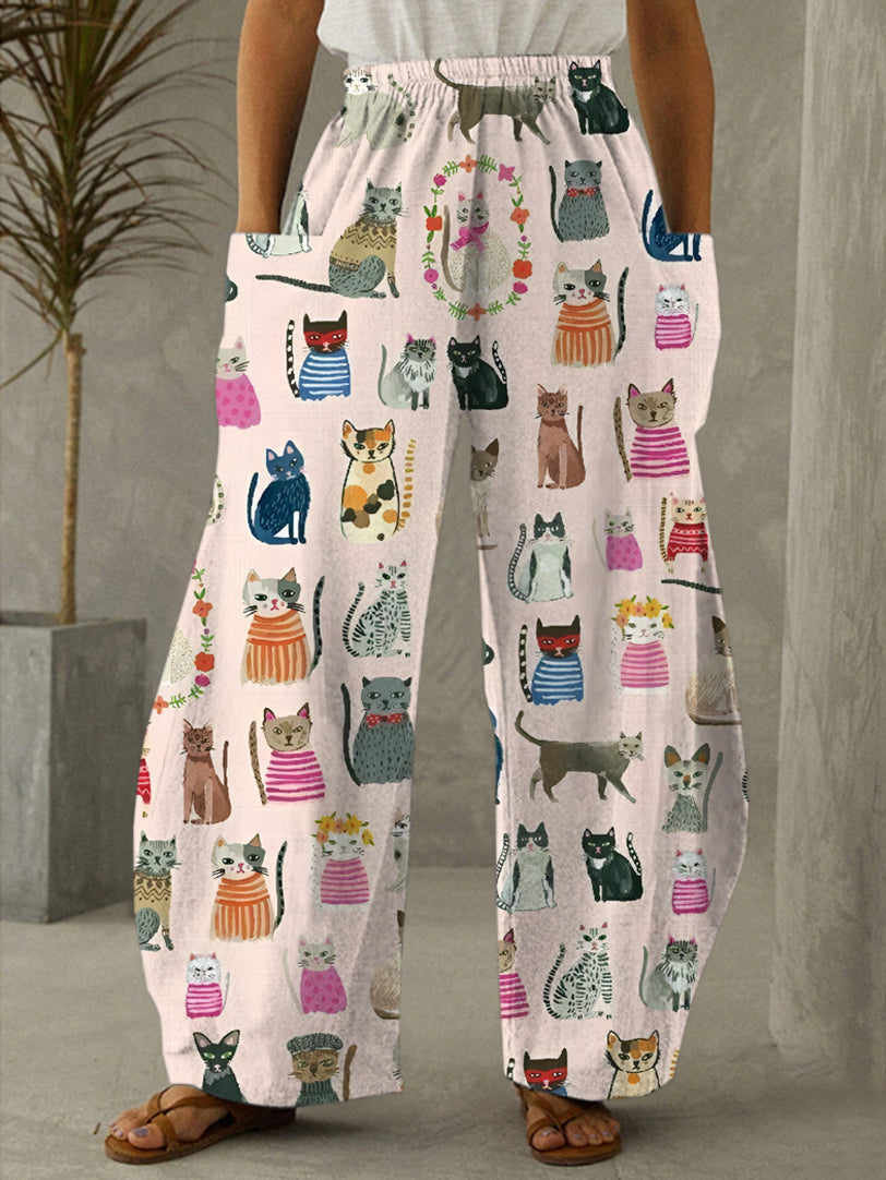 Cat Watercolor Illustration Print Casual Pants