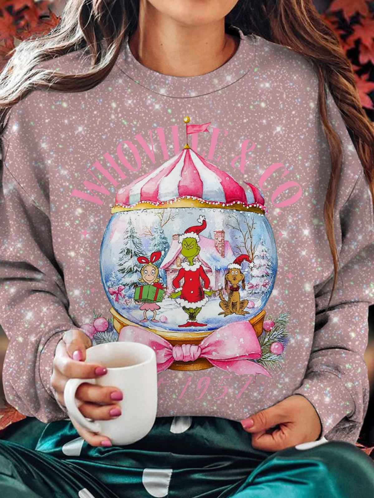 Christmas Crystal Ball Printed Long Sleeve Casual Top