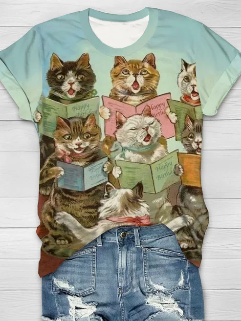 Women's Retro Cats Concert Print Casual T-Shirt