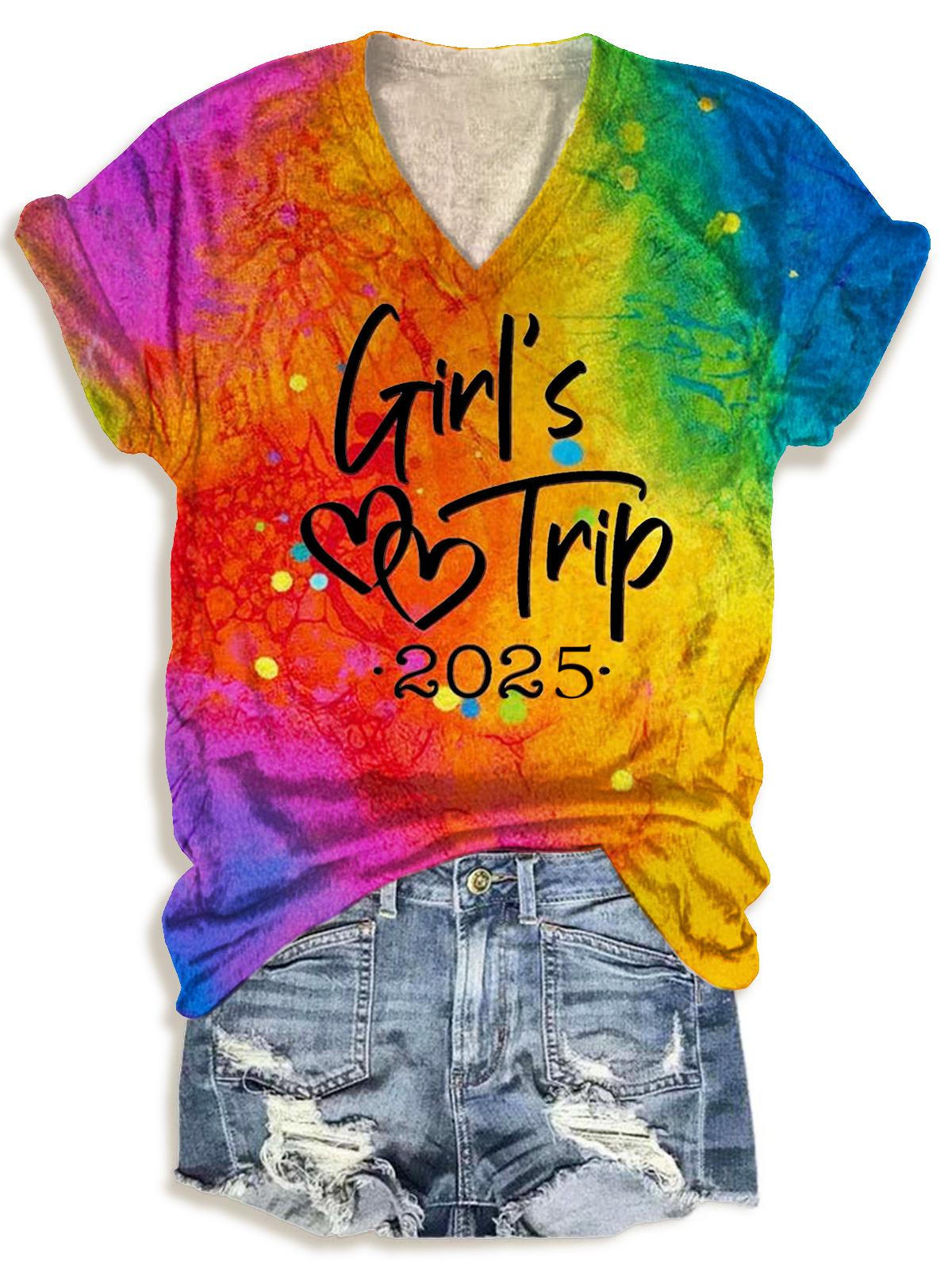 Girl's Trip 2025 Tie-Dye Printed V-Neck T-Shirt