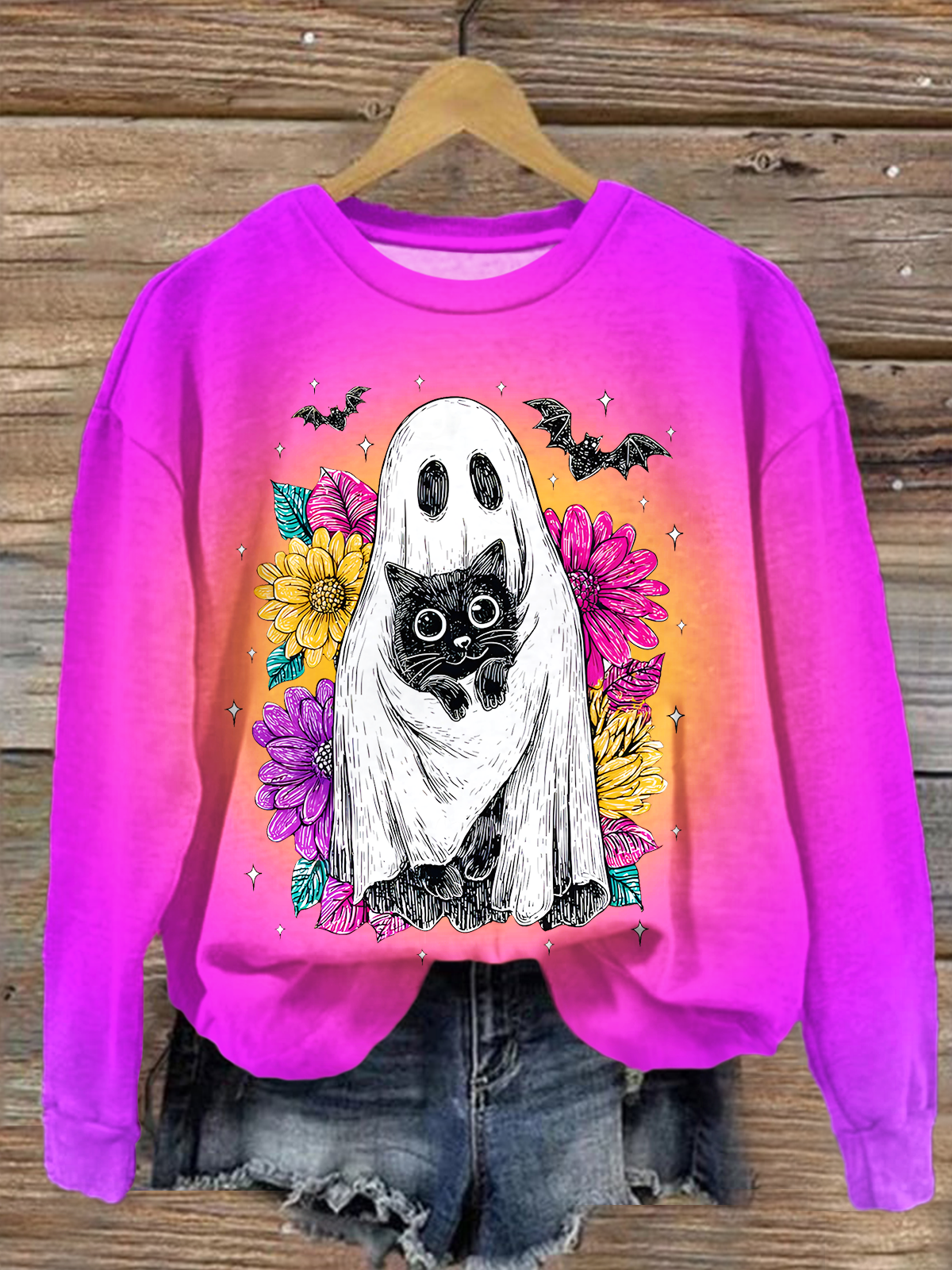 Retro Halloween Ghost And Cat Printed Long Sleeve Casual Top