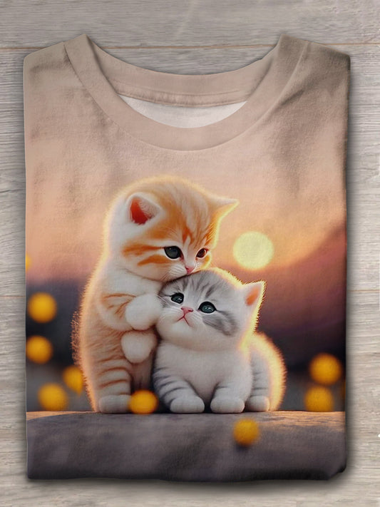 Cute Sunrise Cat Printed Crew Neck T-shirt