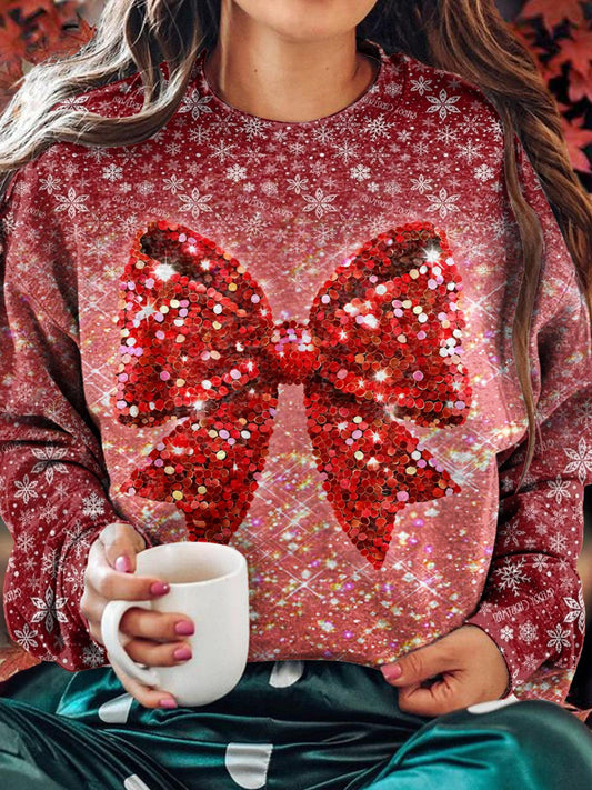 Women's Christmas Shiny Bow Crew Neck Casual Sweatshirt