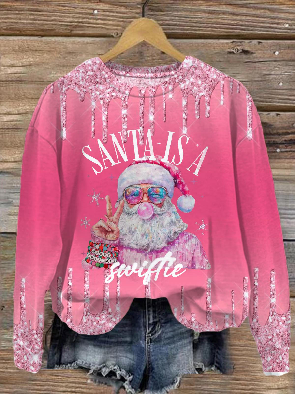 Santa Is A Swiftie Christmas Printed Long Sleeve Casual Top