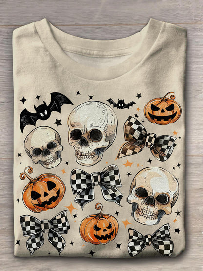 Halloween Skull Bow Crew Neck T-shirt