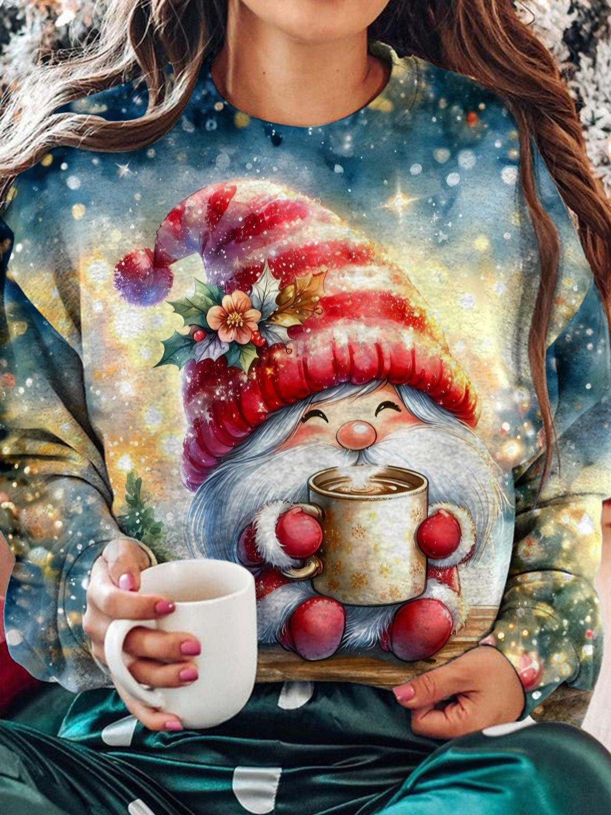 Women's Christmas Cute Gnome Round Neck Long Sleeve Top