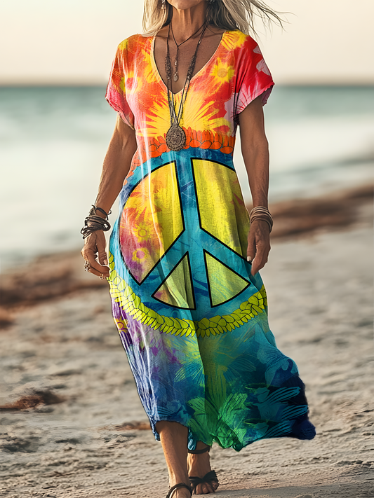 Colorful Hippie Flower Art V-neck Short Sleeved Long Dress