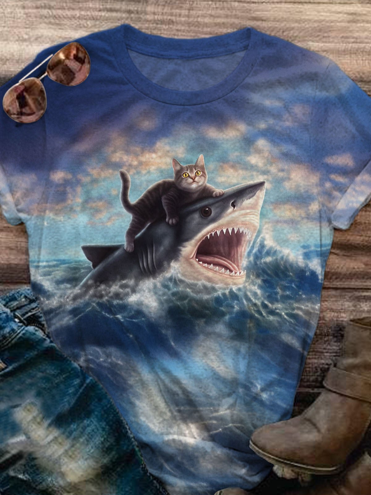 Women's Adventure Cat Shark Creative Print Casual T-shirt