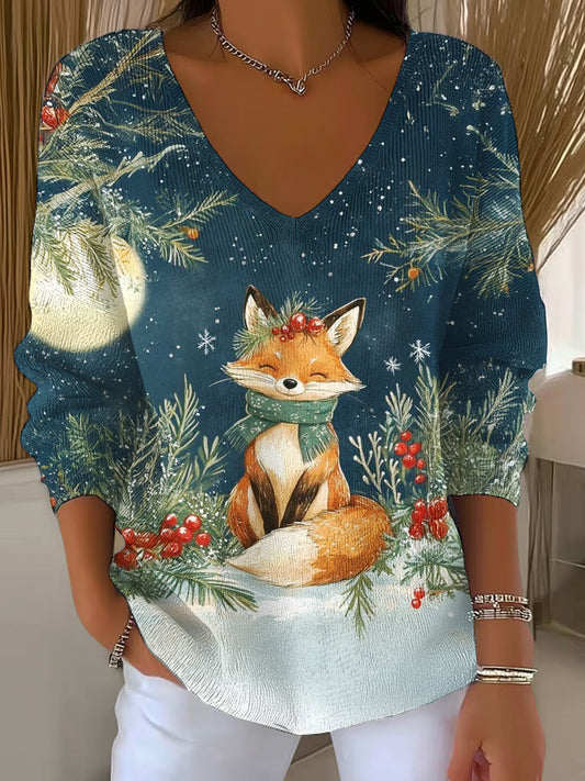 Christmas Elk Casual V Neck Pullover Sweater