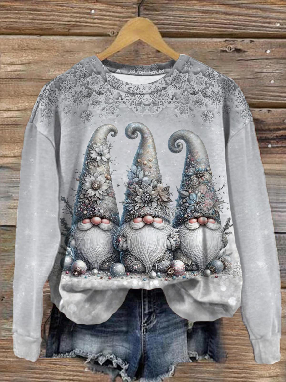 Women's Gnome Winter Print Crew Neck Casual Sweatshirt