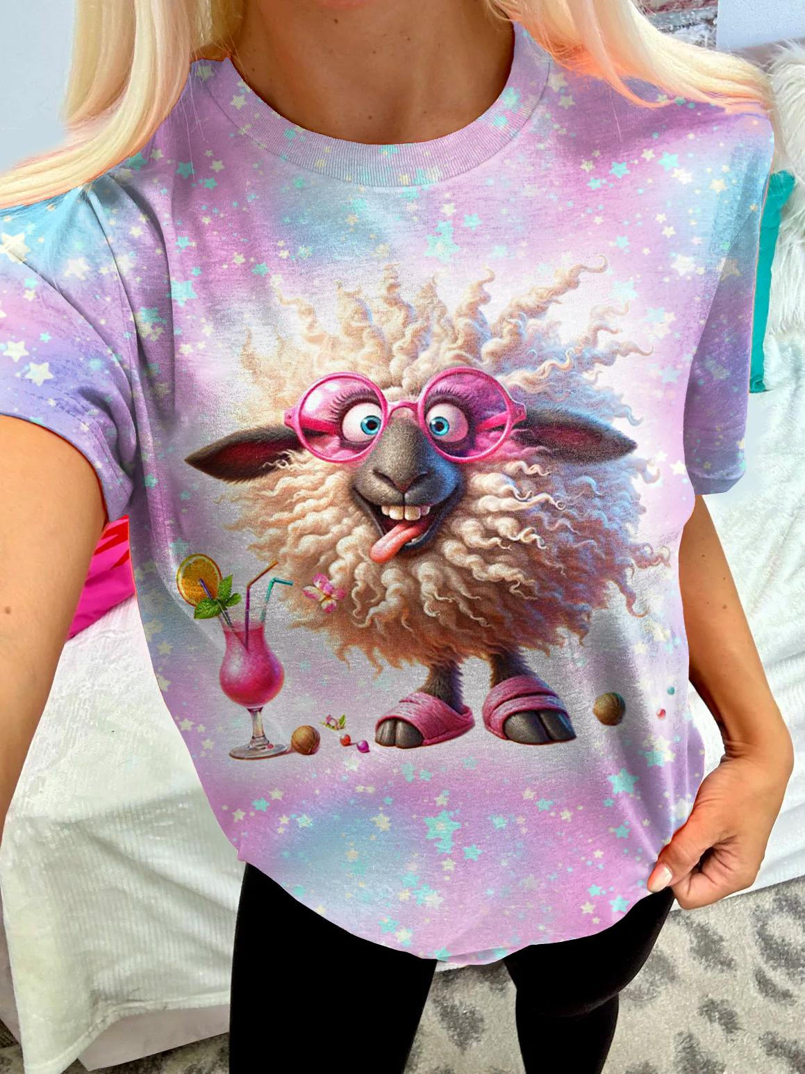 Women's Happy Sheep Print Crew Neck T-Shirt