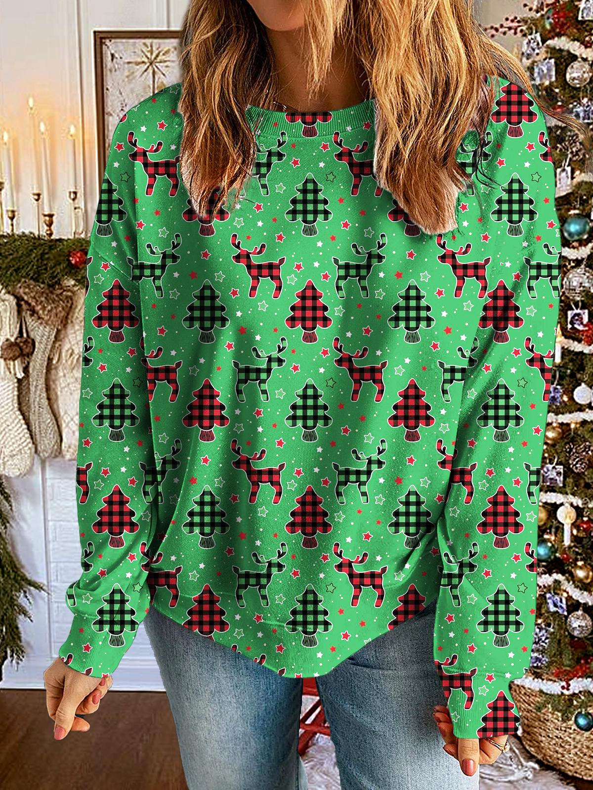 Women's Christmas Tree Plaid Patchwork Printed Long Sleeve Casual Top