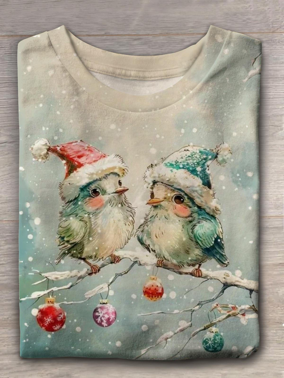 Vintage Christmas Bird Crew Neck T-shirt