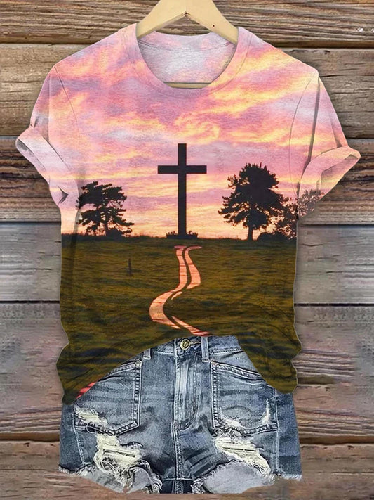 Cross Landscape Print Crew Neck T-shirt