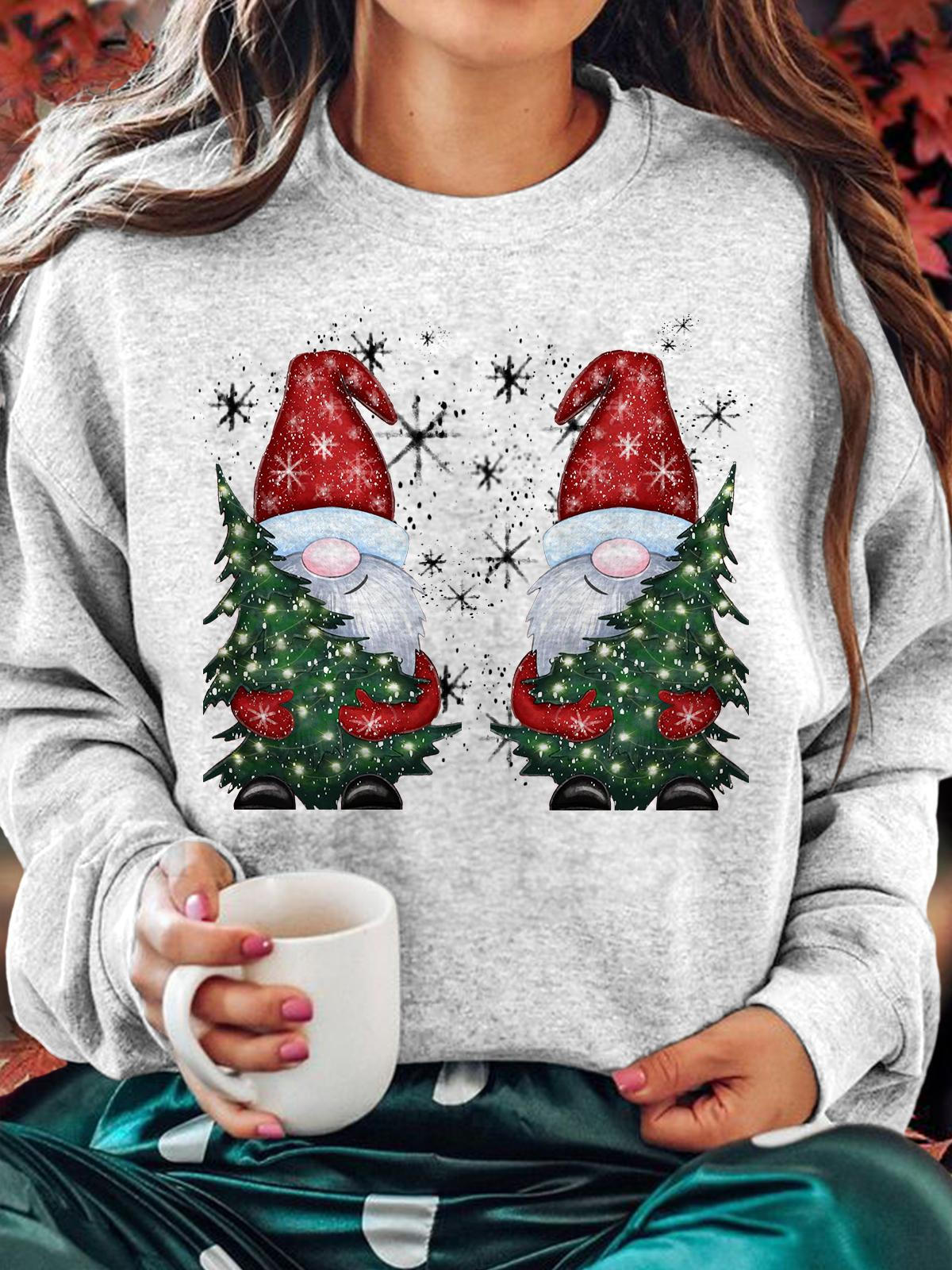 Cute Christmas Gnomes Printed Long Sleeve Casual Top