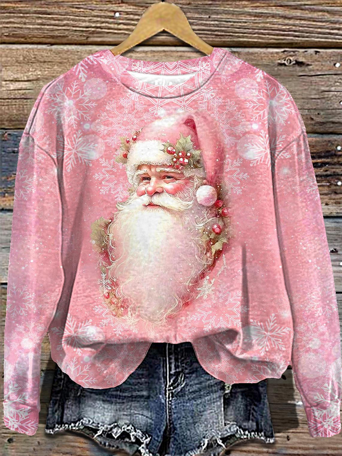 Women's Winter Pink Santa Print Round Neck Long Sleeve Top