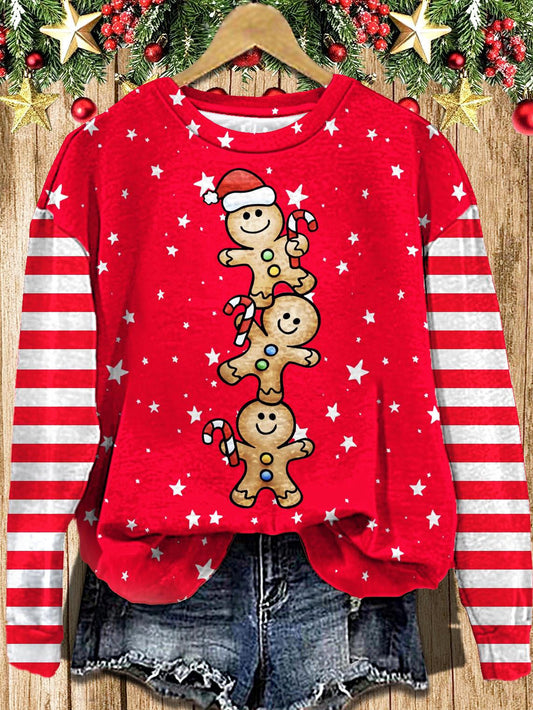 Women's Christmas Candy Striped Gingerbread Man Printed Long Sleeve Casual Top