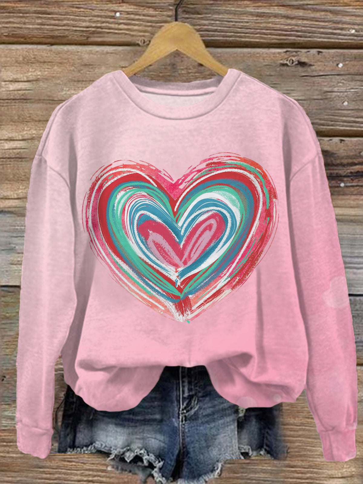 Brushstroke Valentines Heart Printed Long Sleeve Casual Top