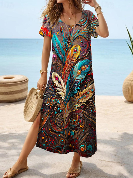 Women's Retro Resort Style Feather Print Short Sleeve Crew Neck Dress