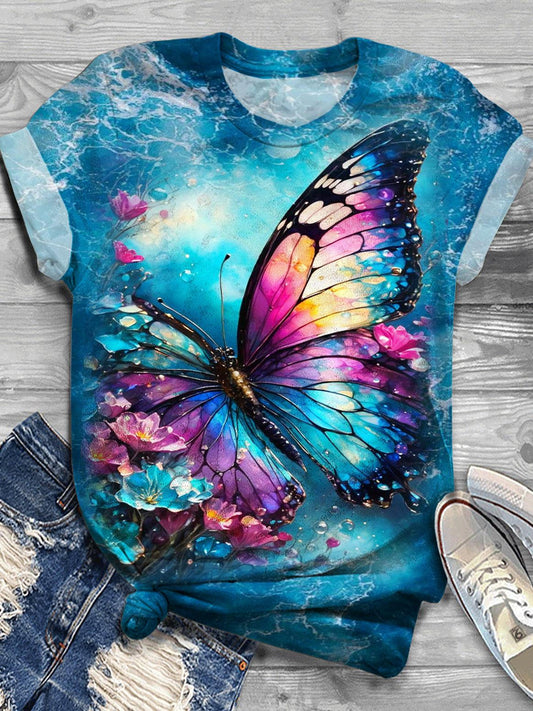 Women's Retro Floral Butterfly Print Crew Neck T-shirt