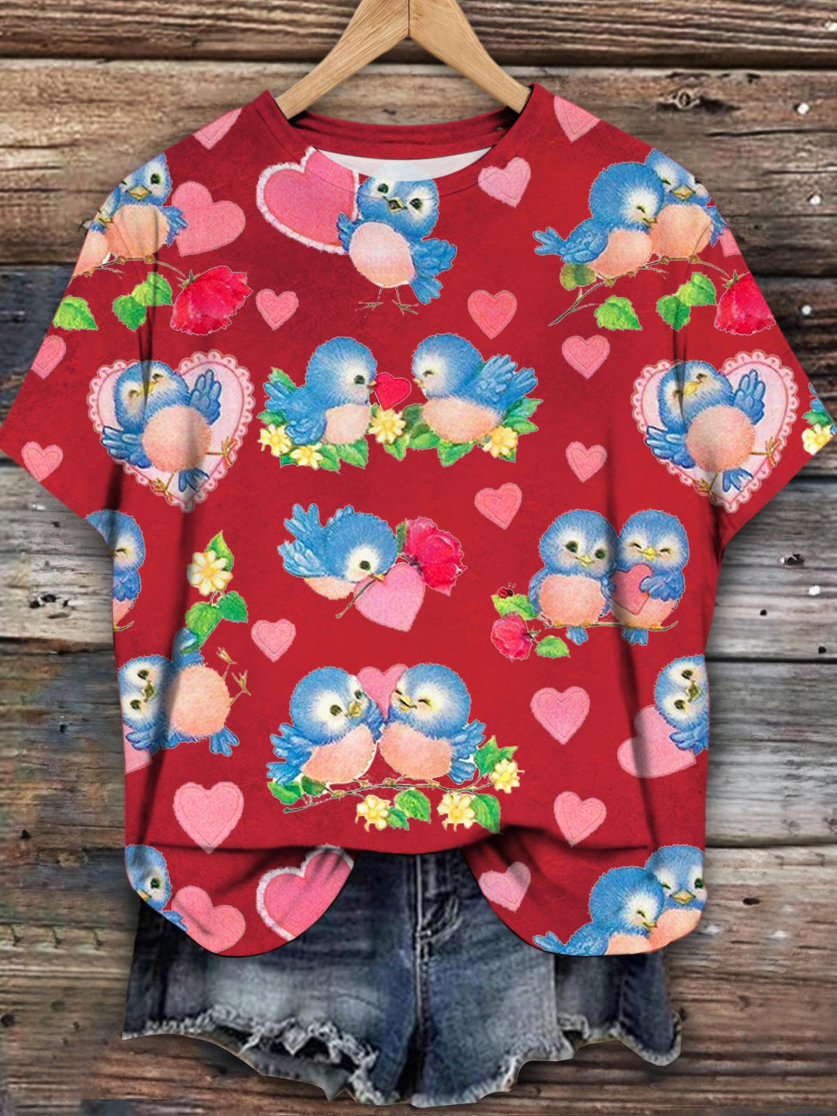 Women's Vintage Valentine's Day Bird Companion Print Casual T-shirt