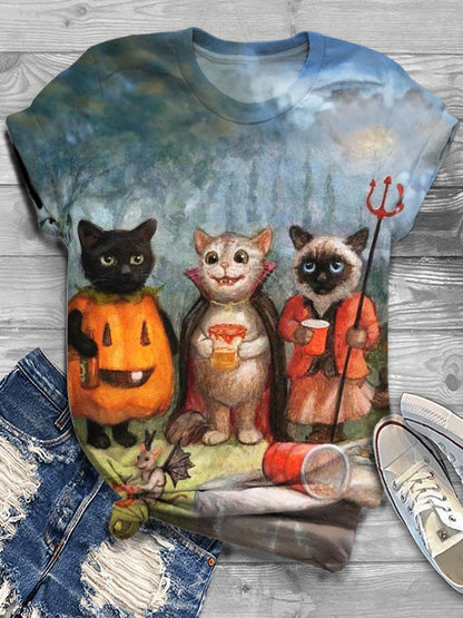 Halloween Cat Print Casual Crew Top