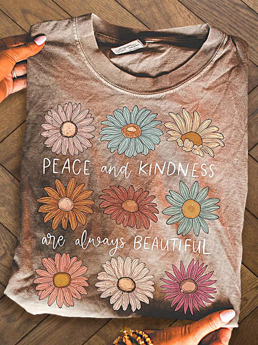 Peace And Kindness Bohemian Floral Print Crew Neck T-shirt