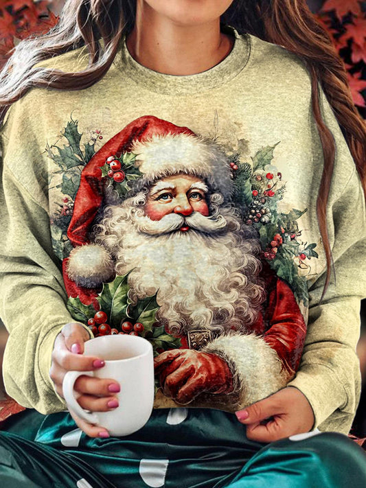 Women's Vintage Santa And Holly Print Round Neck Long Sleeve Top