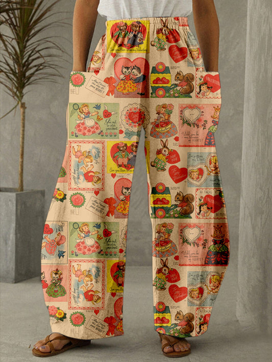 Valentine's Day Retro Greeting Card Print Casual Pants