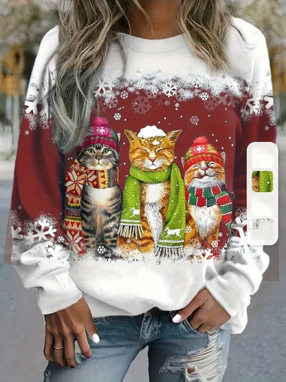 Women's Christmas Cat Print Colorful Christmas Long Sleeve Casual Top