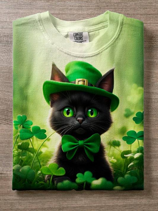 St. Patrick Day Cute Cat Crew Neck T-shirt