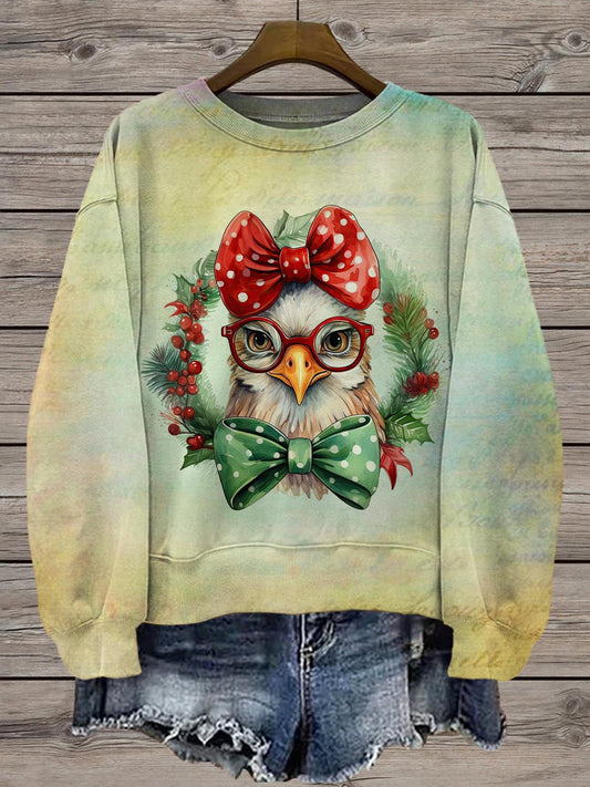 Vintage Christmas Chicken Bow Printed Long Sleeve Casual Top