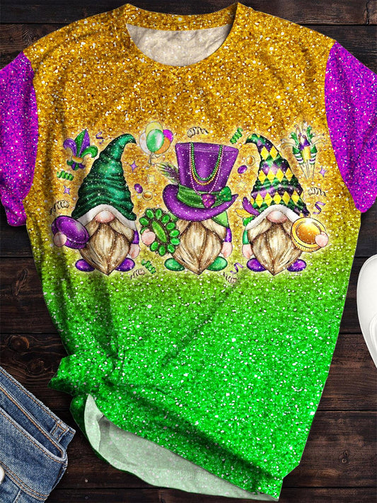 Women's Retro Mardi Gras Gnome Print Crew Neck T-shirt