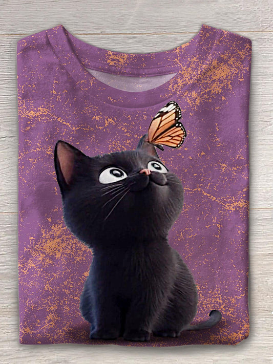 Women's Retro Butterfly Cute Kitten Print Crew Neck T-shirt