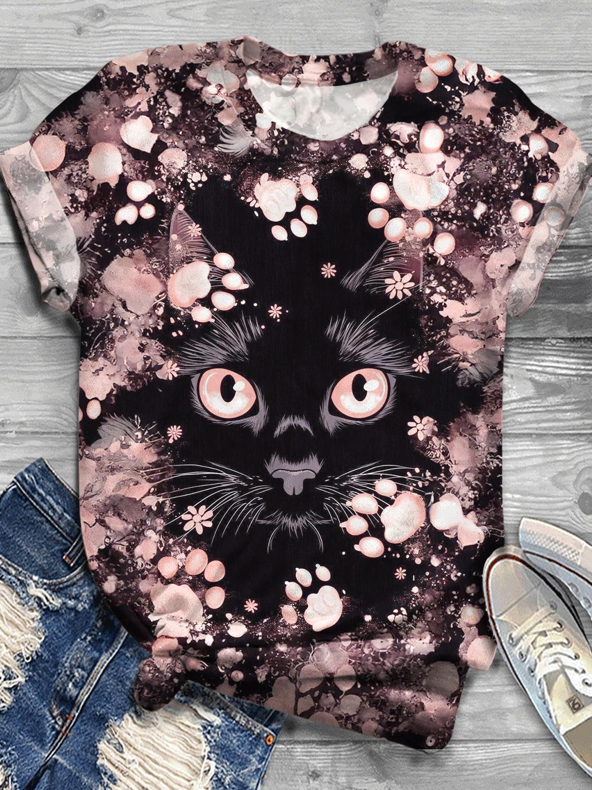 Cute Kitten And Flower Printed Crew Neck T-shirt