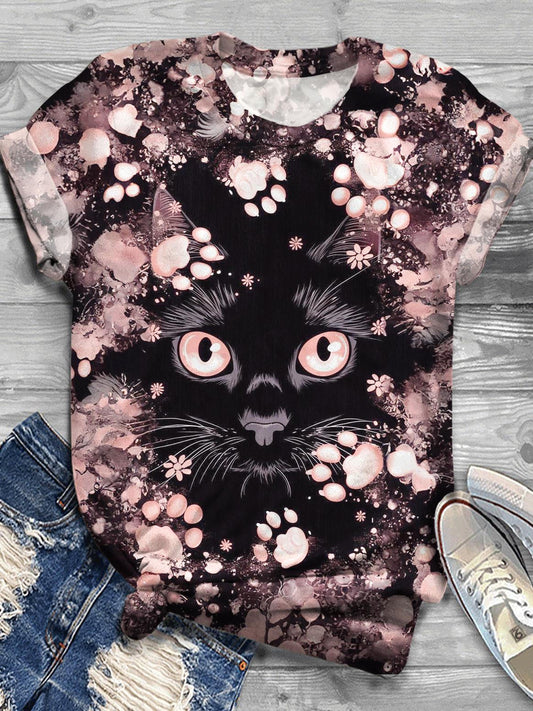 Cute Kitten And Flower Printed Crew Neck T-shirt