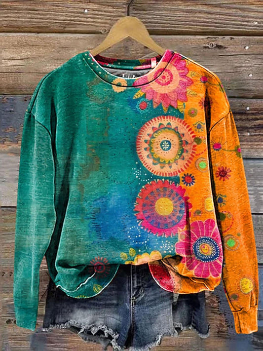 Vintage Love And Peace Flower Printed Long Sleeve Casual Top