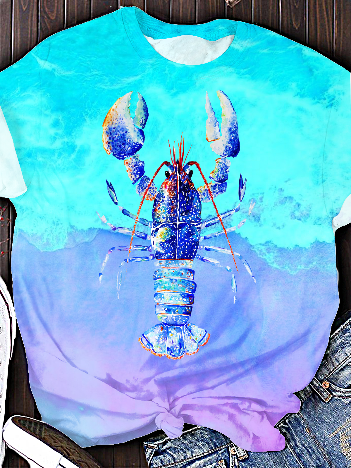 Blue Lobster Watercolor Print Art Crew Neck T-shirt