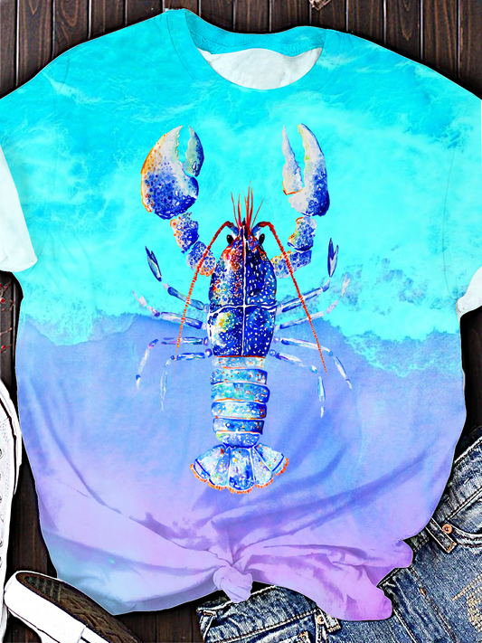 Blue Lobster Watercolor Print Art Crew Neck T-shirt