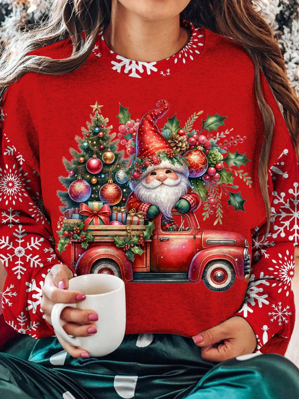 Women's Christmas Gnome Car Cute Print Long Sleeve Top