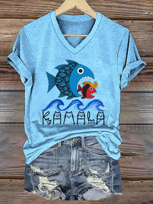 Blue Wave Big Fish Eats Small Fish V-Neck T-Shirt