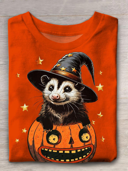 Women's Halloween Possum Pumpkin Fun Print Casual Crew Neck T-Shirt