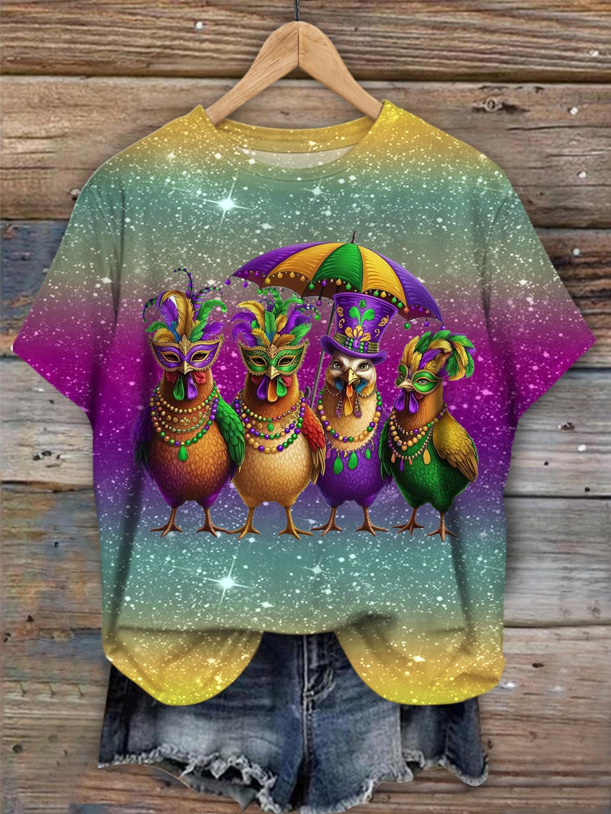 Chicken Mardi Gras Printed Crew Neck T-shirt