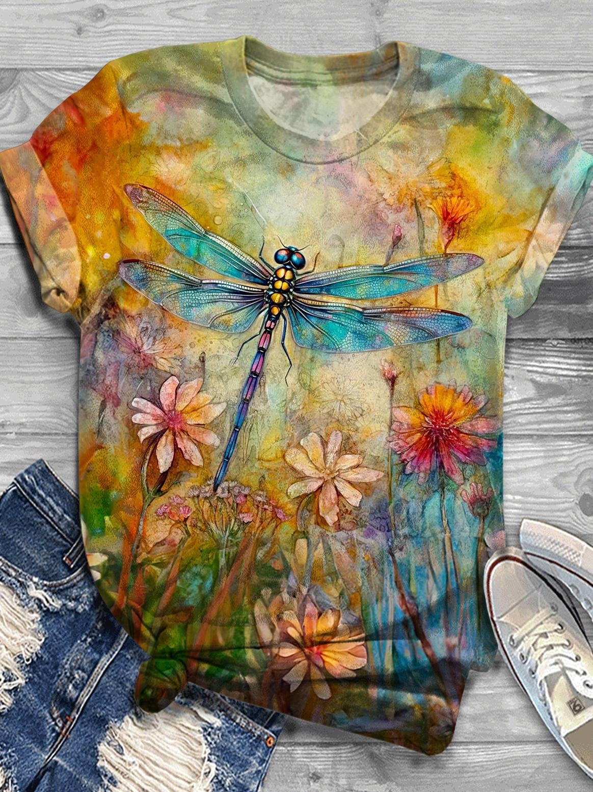 Women's Retro Flower Dragonfly Print Crew Neck T-shirt