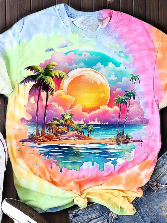 Ocean Vacation Tie-Dye Casual Print Round Neck Short Sleeve T-Shirt