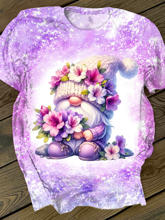 Flower Tie-Dye Gnome Printed Crew Neck T-shirt