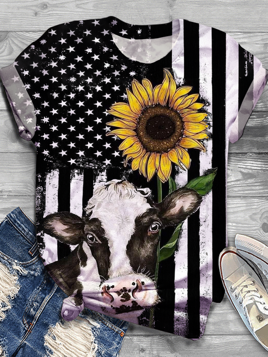 American Flag Sunflower Highland Cattle Crew Neck T-shirt