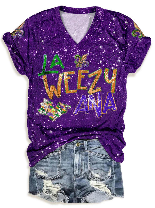 Retro La Weezy Ana Mardi Gras V Neck T-Shirt